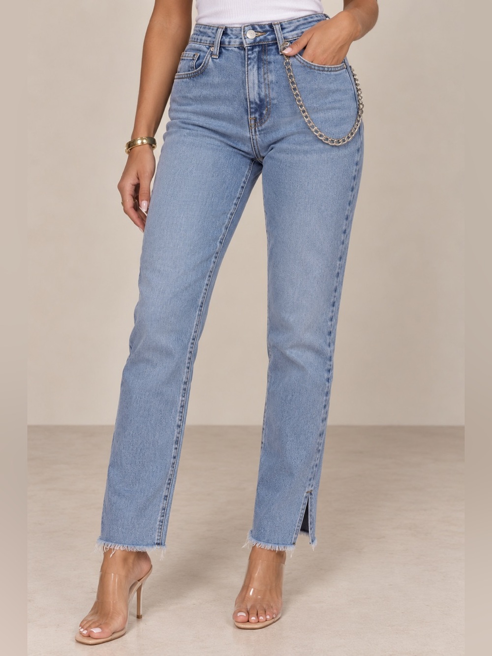 WeWoreWhat Light Blue Straight-Leg Jeans with Ankle Slit